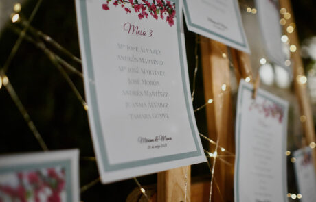 Panel de seating plan con listado de invitados en una boda celebrada en Hacienda Azahares.