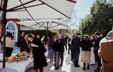 Invitados felicitando a los novios durante el cóctel de boda en la terraza