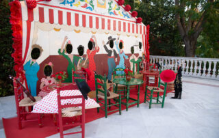 Zona temática feria de abril preparada para cóctel de evento corporativo en Hacienda Azahares, Aljarafe sevillano